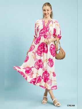 Umgee Floral Print Midi Dress with Contrast Trim
